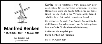 Traueranzeige von Manfred Renken von Nordwest-Zeitung