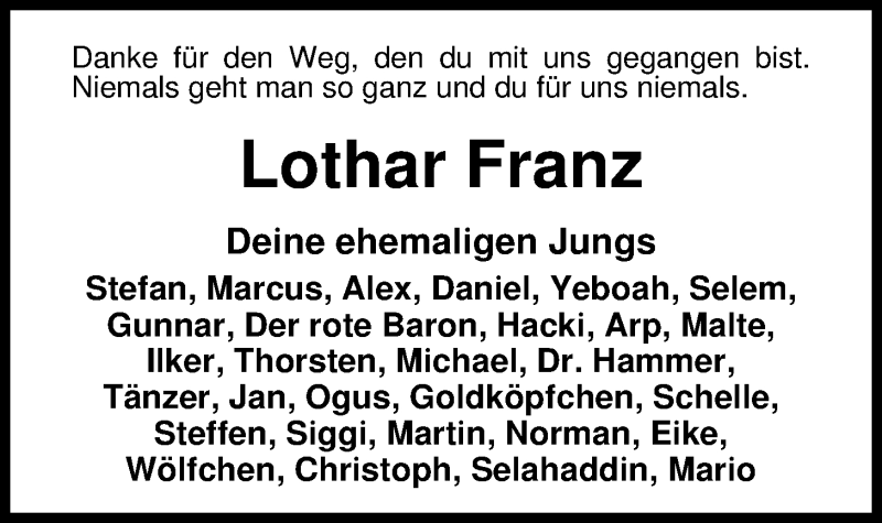  Traueranzeige für Lothar Franz vom 29.07.2014 aus Nordwest-Zeitung