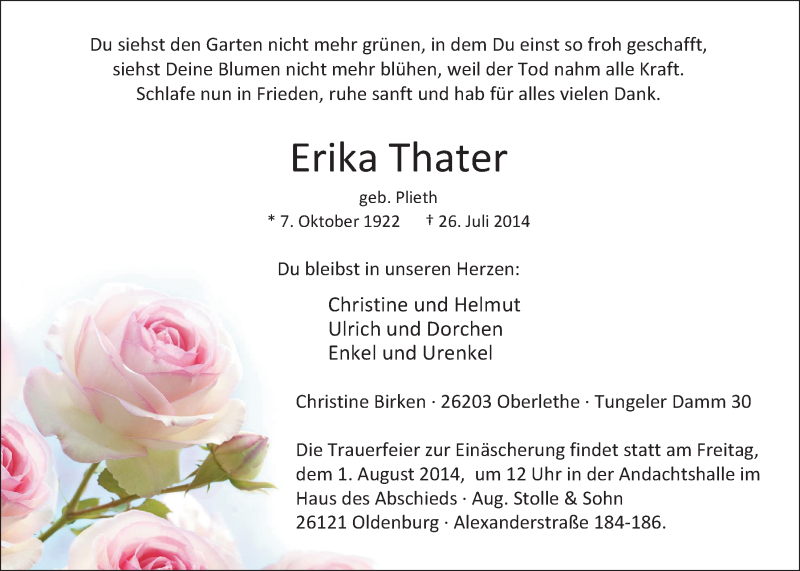  Traueranzeige für Erika Thater vom 29.07.2014 aus Nordwest-Zeitung
