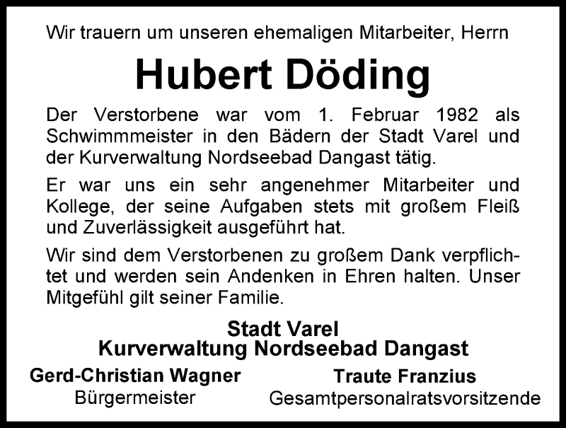  Traueranzeige für Hubert Döding vom 29.07.2014 aus Nordwest-Zeitung