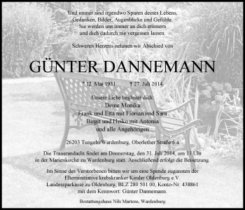 Traueranzeige von Günter Dannemann von Nordwest-Zeitung
