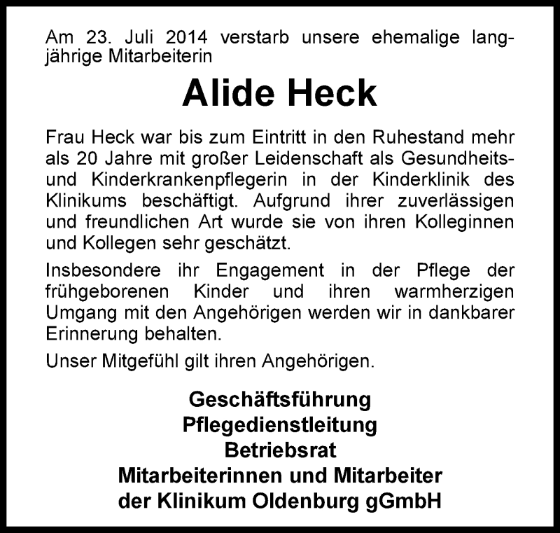  Traueranzeige für Alide Heck vom 30.07.2014 aus Nordwest-Zeitung