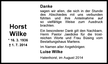 Traueranzeige von Horst Wilke von Nordwest-Zeitung