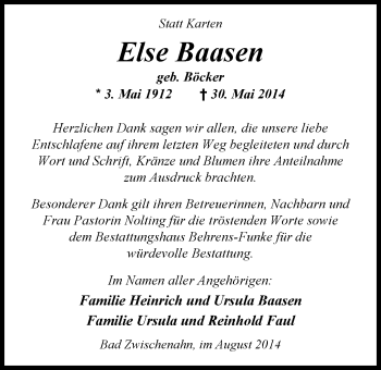 Traueranzeige von Else Baasen von Nordwest-Zeitung