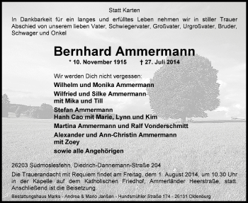 Traueranzeige von Bernhard Ammermann von Nordwest-Zeitung