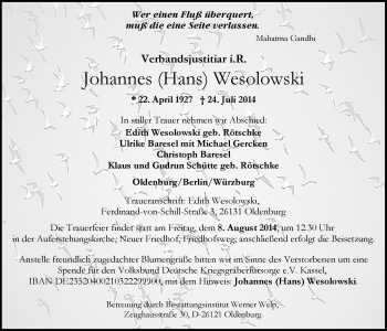 Traueranzeige von Johannes Wesolowski von Nordwest-Zeitung