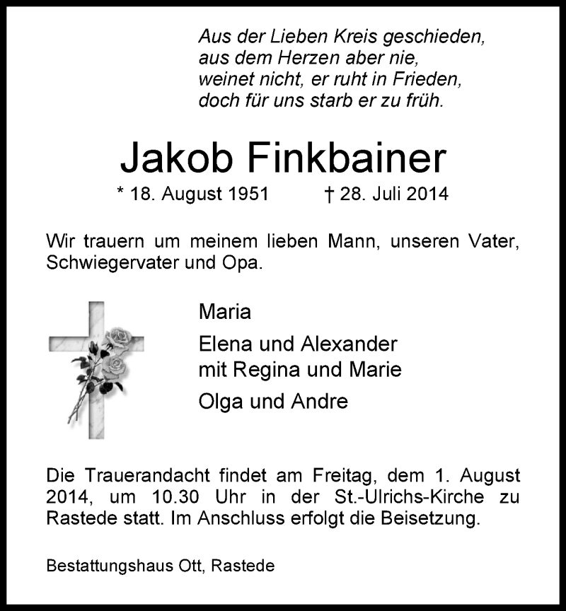  Traueranzeige für Jakob Finkbainer vom 30.07.2014 aus Nordwest-Zeitung