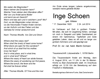 Traueranzeige von Inge Schoen von Nordwest-Zeitung