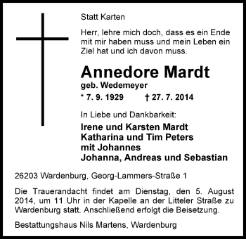 Traueranzeige von Annedore Mardt von Nordwest-Zeitung