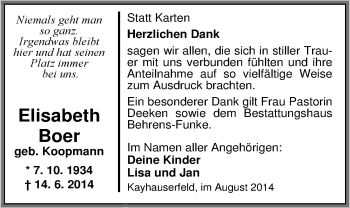 Traueranzeige von Elisabeth Boer von Nordwest-Zeitung