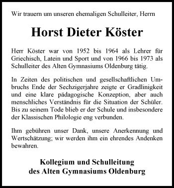 Traueranzeige von Horst Dieter Köster von Nordwest-Zeitung