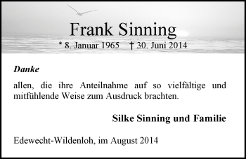 Traueranzeige von Frank Sinning von Nordwest-Zeitung
