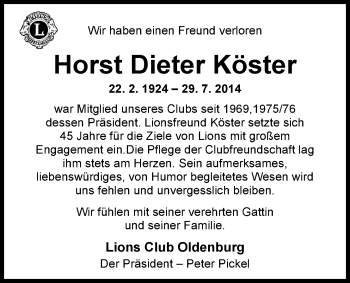 Traueranzeige von Horst Dieter Köster von Nordwest-Zeitung