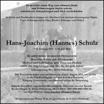 Traueranzeige von Hans-Joachim  Schulz von Nordwest-Zeitung