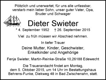 Traueranzeige von Dieter Swieter von Nordwest-Zeitung