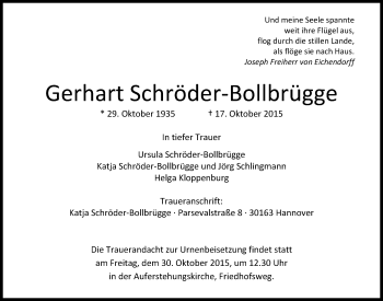 Traueranzeige von Gerhart Schröder-Bollbrügge von Nordwest-Zeitung