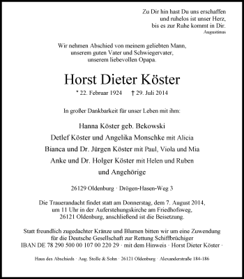 Traueranzeige von Horst Dieter Köster von Nordwest-Zeitung