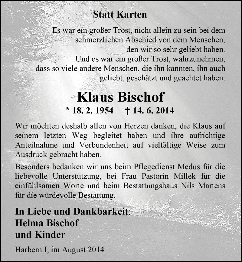  Traueranzeige für Klaus Bischof vom 02.08.2014 aus Nordwest-Zeitung