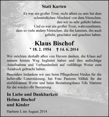 Traueranzeige von Klaus Bischof von Nordwest-Zeitung