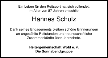 Traueranzeige von Hans-Joachim  Schulz von Nordwest-Zeitung
