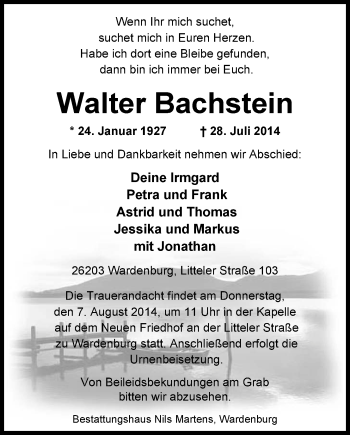 Traueranzeige von Walter Bachstein von Nordwest-Zeitung