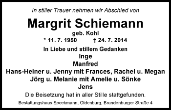 Traueranzeige von Margrit Schiemann von Nordwest-Zeitung