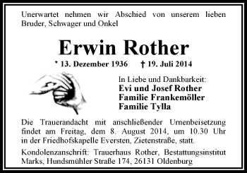 Traueranzeige von Erwin Rother von Nordwest-Zeitung