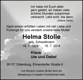 Traueranzeige von Helma Stolle von Nordwest-Zeitung