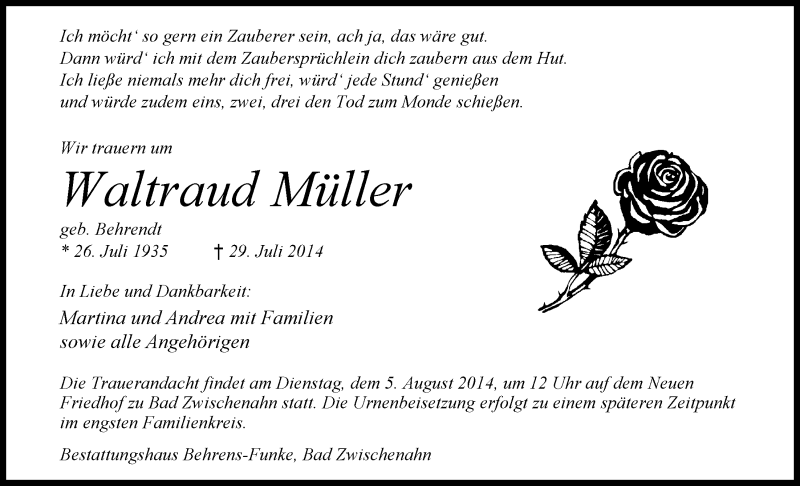  Traueranzeige für Waltraud Müller vom 02.08.2014 aus Nordwest-Zeitung