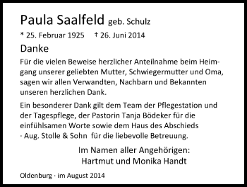Traueranzeige von Paula Saalfeld von Nordwest-Zeitung