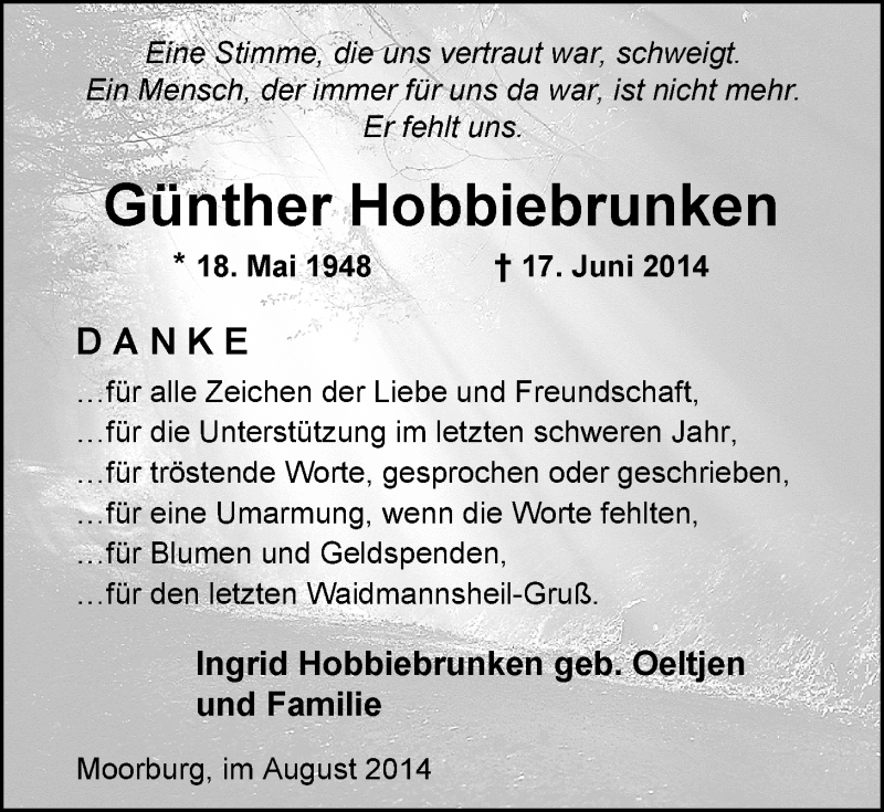  Traueranzeige für Günther Hobbiebrunken vom 09.08.2014 aus Nordwest-Zeitung