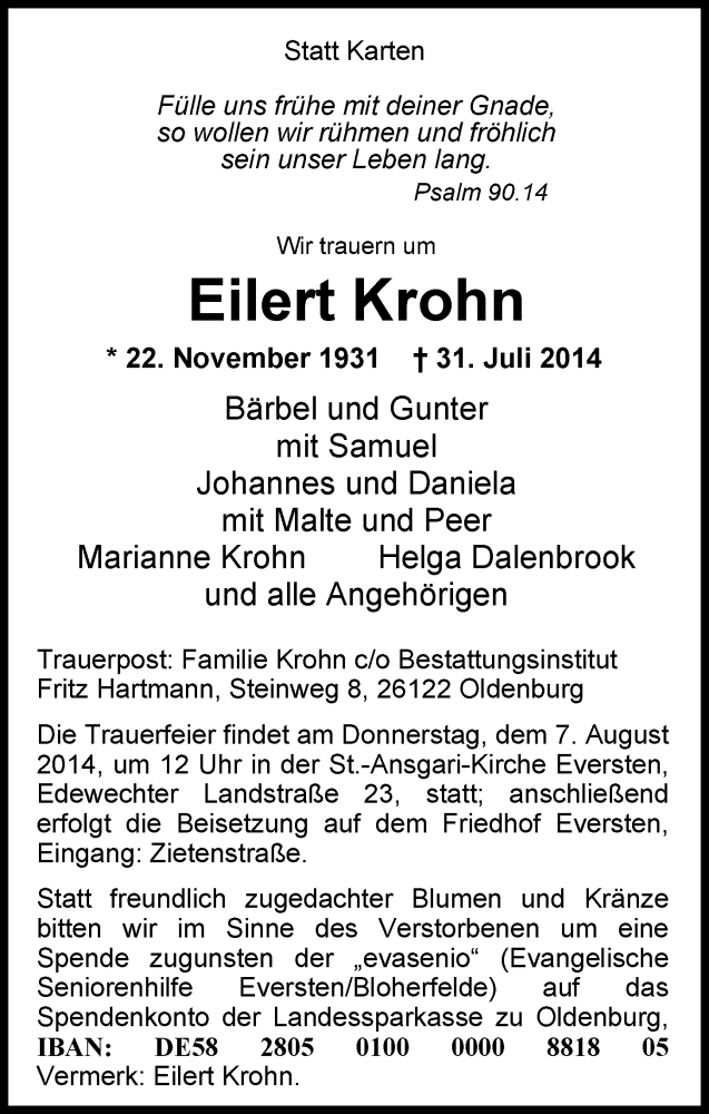  Traueranzeige für Eilert Krohn vom 04.08.2014 aus Nordwest-Zeitung