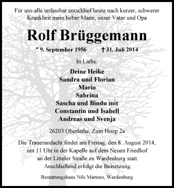 Traueranzeige von Rolf Brüggemann von Nordwest-Zeitung