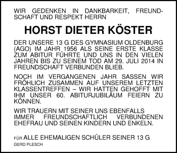 Traueranzeige von Horst Dieter Köster von Nordwest-Zeitung