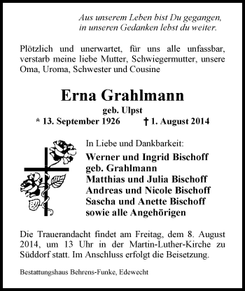 Traueranzeige von Erna Grahlmann von Nordwest-Zeitung
