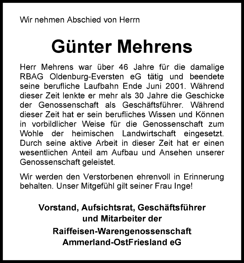  Traueranzeige für Günter Mehrens vom 08.08.2014 aus Nordwest-Zeitung
