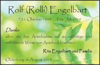 Traueranzeige von Rolf Engelbart von Nordwest-Zeitung