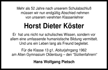 Traueranzeige von Horst Dieter Köster von Nordwest-Zeitung