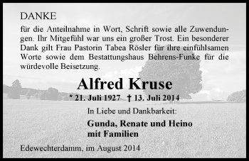 Traueranzeige von Alfred Kruse von Nordwest-Zeitung