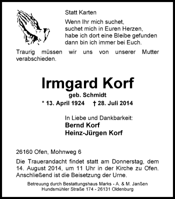Traueranzeige von Irmgard Korf von Nordwest-Zeitung