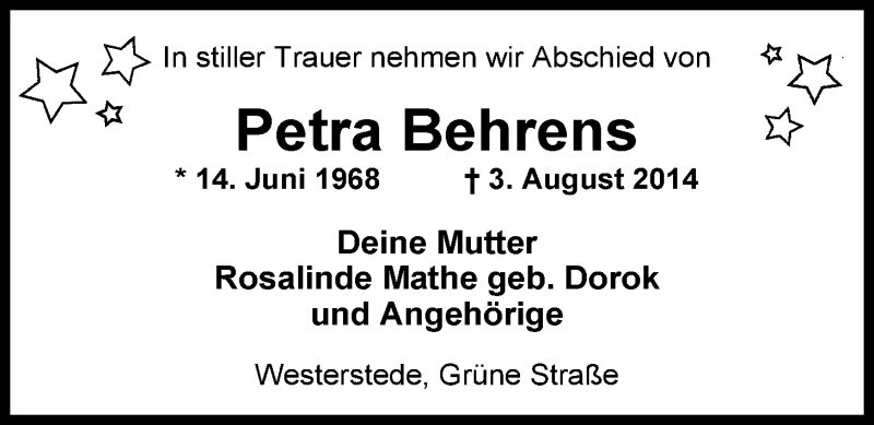  Traueranzeige für Petra Behrens vom 06.08.2014 aus Nordwest-Zeitung