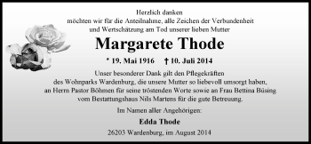 Traueranzeige von Margarete Thode von Nordwest-Zeitung