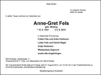 Traueranzeige von Anne-Gret Fels von Nordwest-Zeitung
