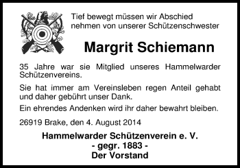 Traueranzeige von Margrit Schiemann von Nordwest-Zeitung