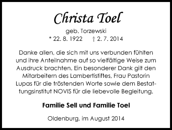 Traueranzeige von Christa Toel von Nordwest-Zeitung