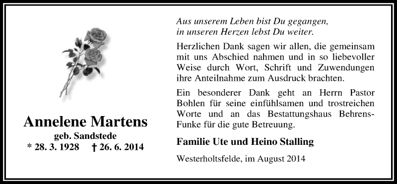  Traueranzeige für Annelene Martens vom 09.08.2014 aus Nordwest-Zeitung