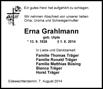 Traueranzeige von Erna Grahlmann von Nordwest-Zeitung