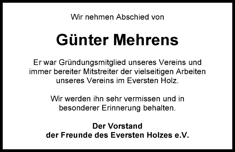  Traueranzeige für Günter Mehrens vom 08.08.2014 aus Nordwest-Zeitung
