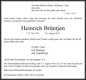 Traueranzeige von Heinrich Brüntjen von Nordwest-Zeitung