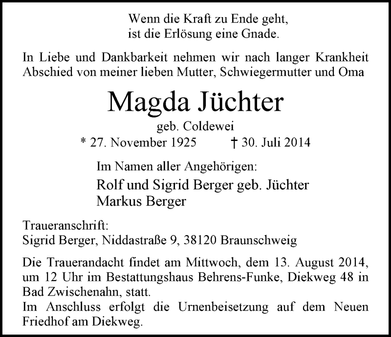  Traueranzeige für Magda Jüchter vom 08.08.2014 aus Nordwest-Zeitung